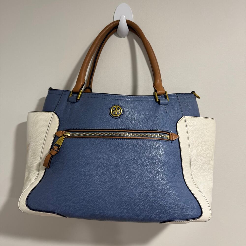 Tory Burch Frances Satchel Pebbled Leather Blue White Brown Colorblock Tote
